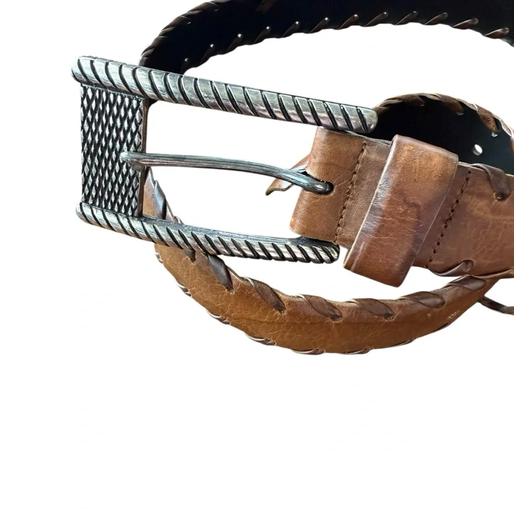 Vintage Leather Belt Large metal buckle whipstitch trim sz 32 medium